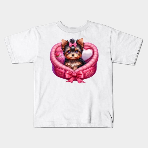 Yorkshire Terrier Dog in Bed Kids T-Shirt by Chromatic Fusion Studio